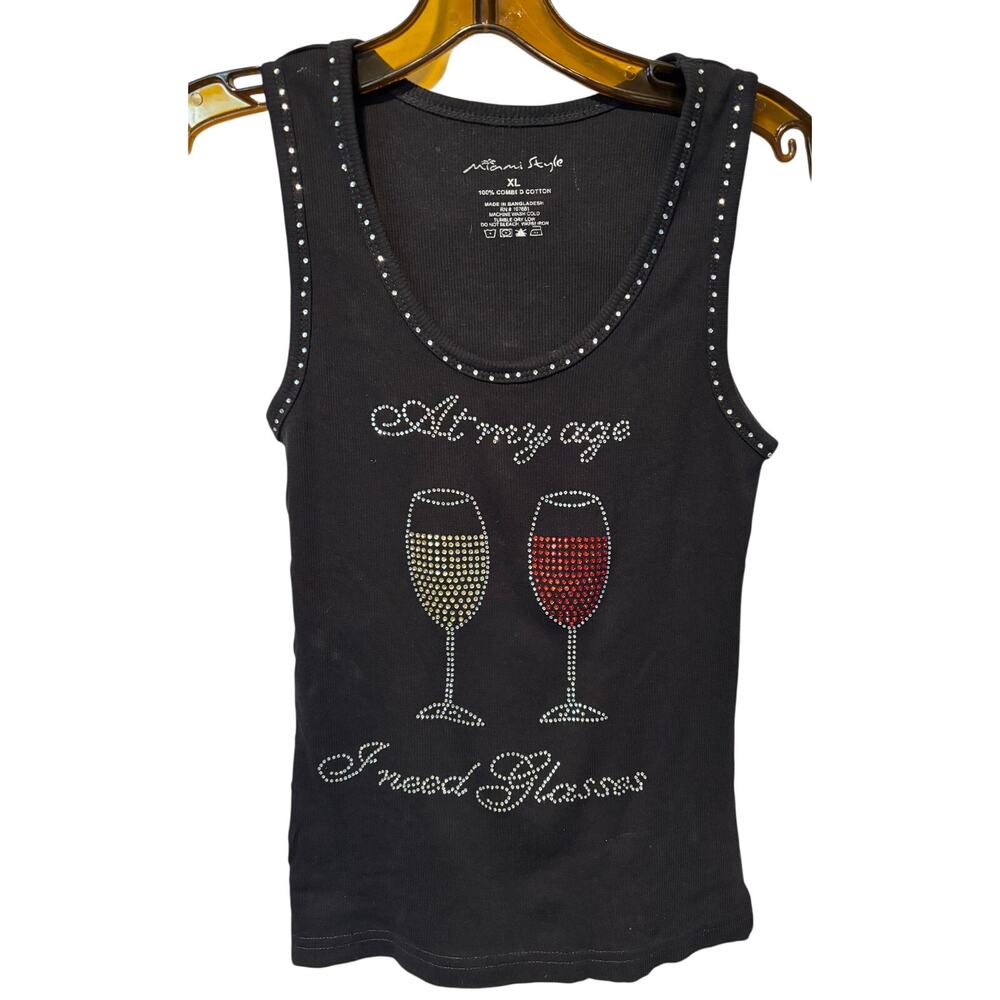 Black Cotton Rib Tee Shirt At My Age I Need Rhinestone Wine Glasses Sz S